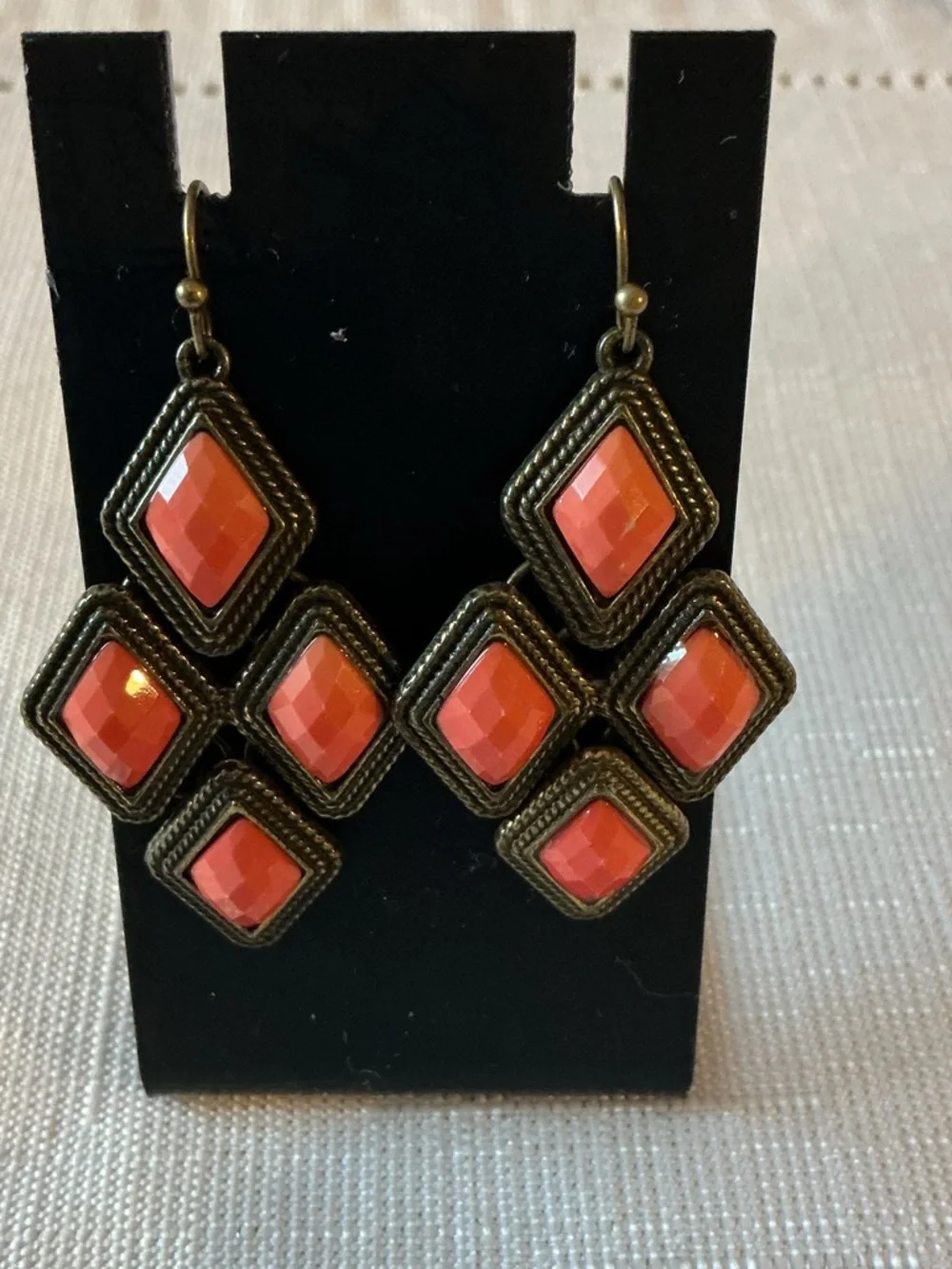 Coral Resin Diamond Shaped Burnished Bronze Tone Drop Earrings